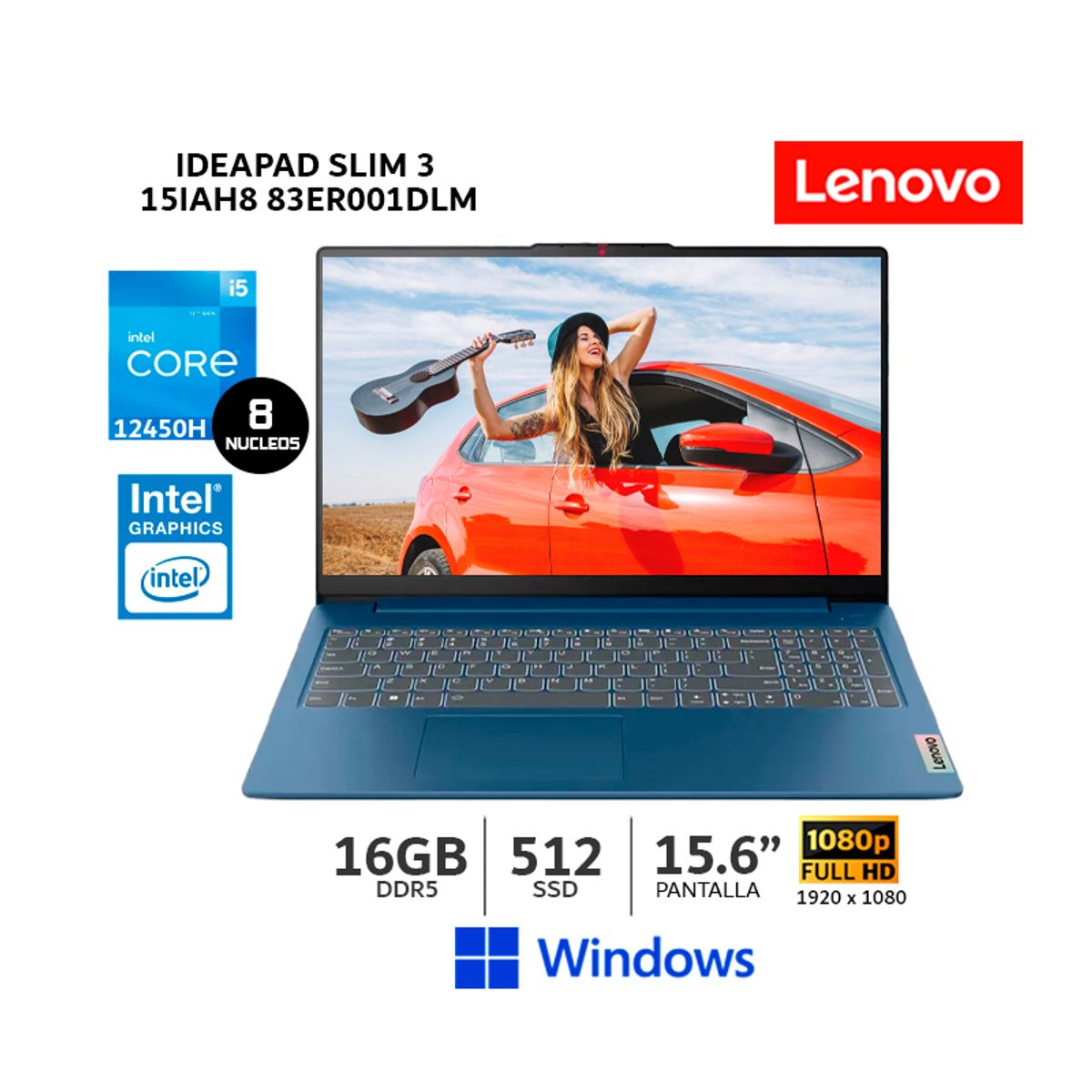 LENOVO - Laptop Lenovo IdeaPad Slim 3 Intel Core i5 12°Gen16GB RAM 512GB SSD 156” FHD Wind 83ER001DLM - CSI
