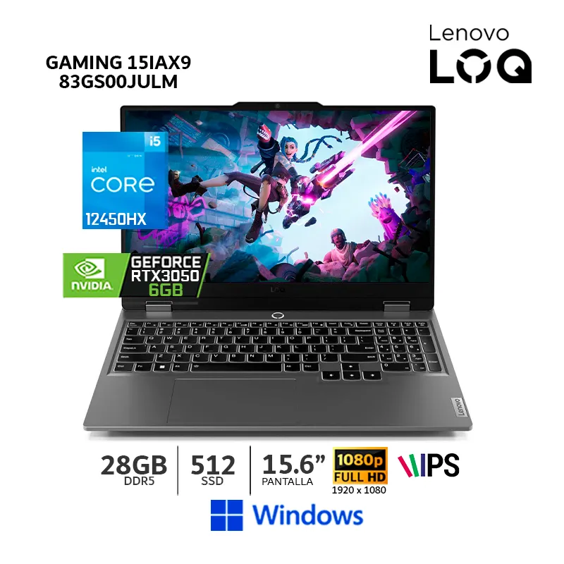 LENOVO - Laptop Lenovo LOQ Core I5-12450HX,15.6" FHD, 28Gb Ram, 512Gb SSD, RTX 3050 6Gb - 83GS00JULM - CSI