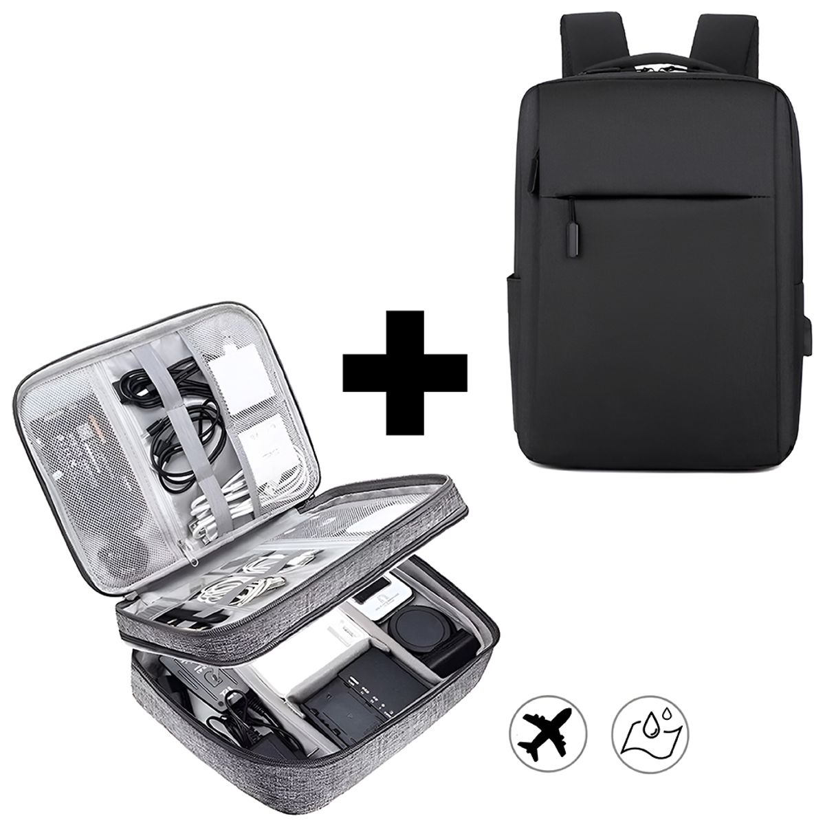 DREIZT - Mochila antirrobo para laptop negro + maletín 2 divisiones gris