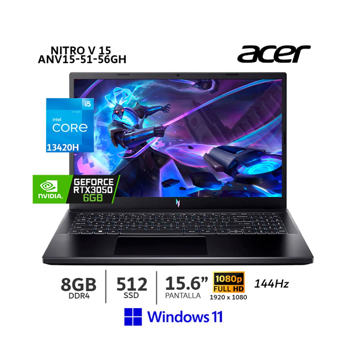 ACER - ACER Nitro V15 ANV15-51-56GH Ci5 13420H/ 8Gb Ram/ 512GB SSD/ RTX 3050 6GB/ 15.6”FHD W.11 - CSI