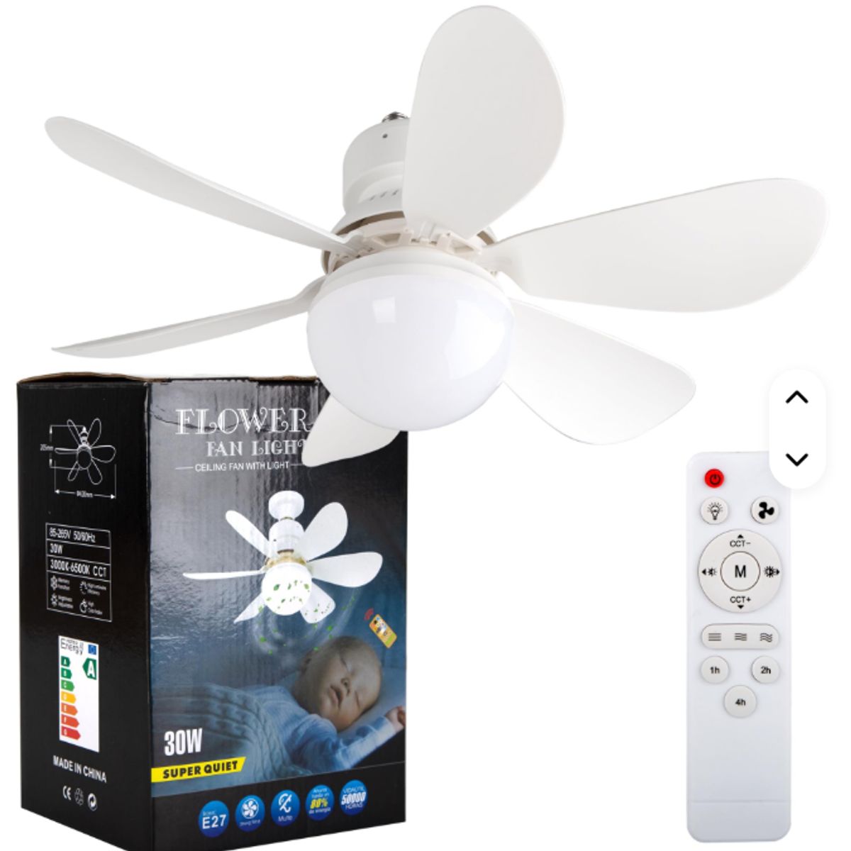 GENERICO - Foco Ventilador de 6 Aspas 3 Velocidades Blanco + Control