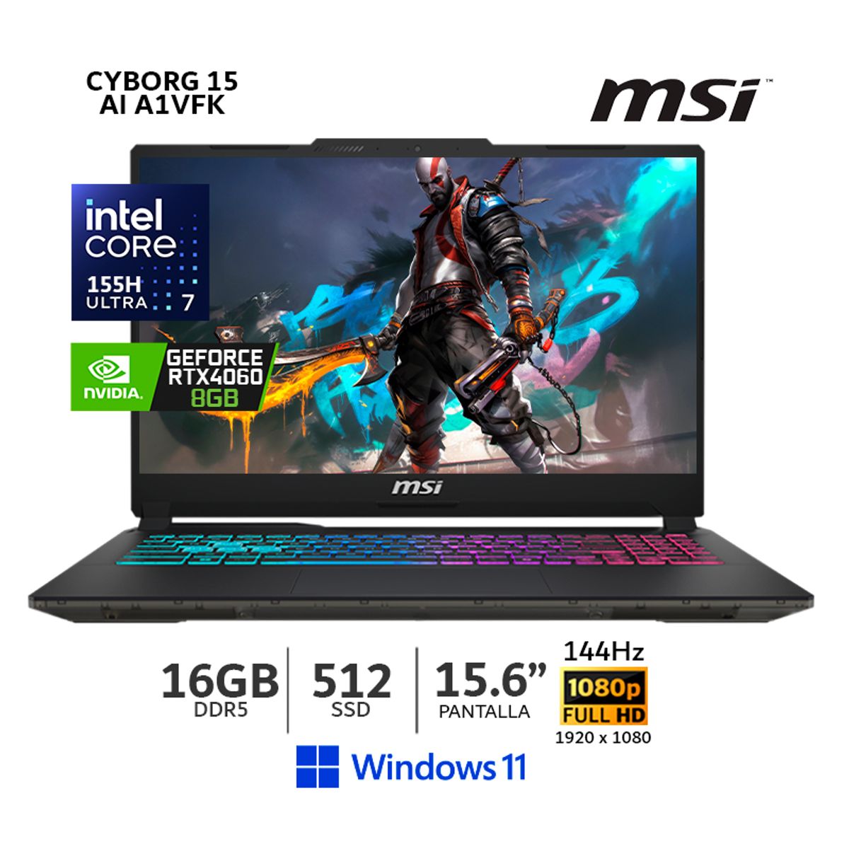 MSI - MSI C. Ultra 7-155H-Cyborg 15 AI A1VFK Gam, 16Gb Ram,512Gb SSD, RTX 4060 8GB, Win11-15K211-210 - CSI