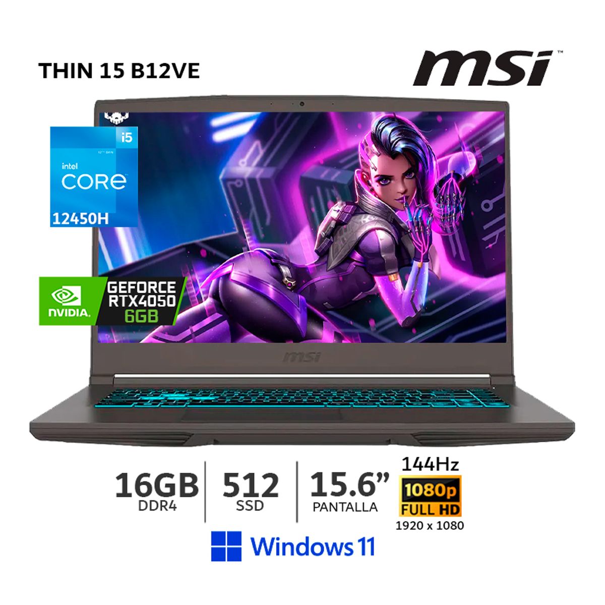 MSI - Laptop MSI Thin 15 B12VE Core i5 12650H,16Gb Ram,512Gb SSD,RTX 4050 6Gb,15.6" FHD, Wind 11 - CSI