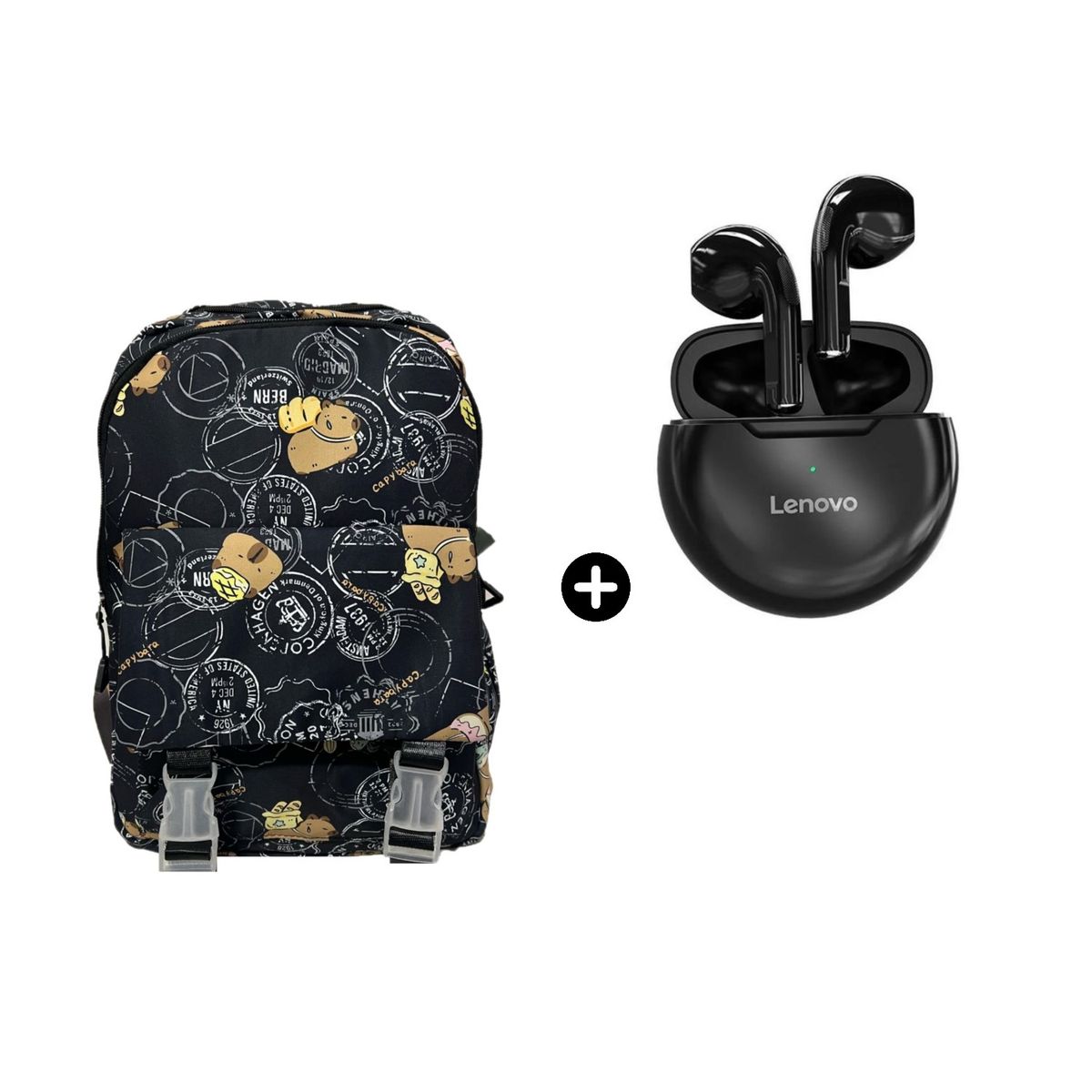 LENOVO - Audífono Lenovo HT38 BT Negro + Mochila Multiusos Capibara Viral con Broche Negro