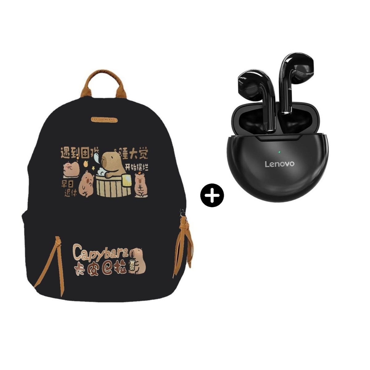 LENOVO - Audífono Lenovo HT38 BT Negro + Mochila Multiusos Capibara Viral con PortaLap Negro
