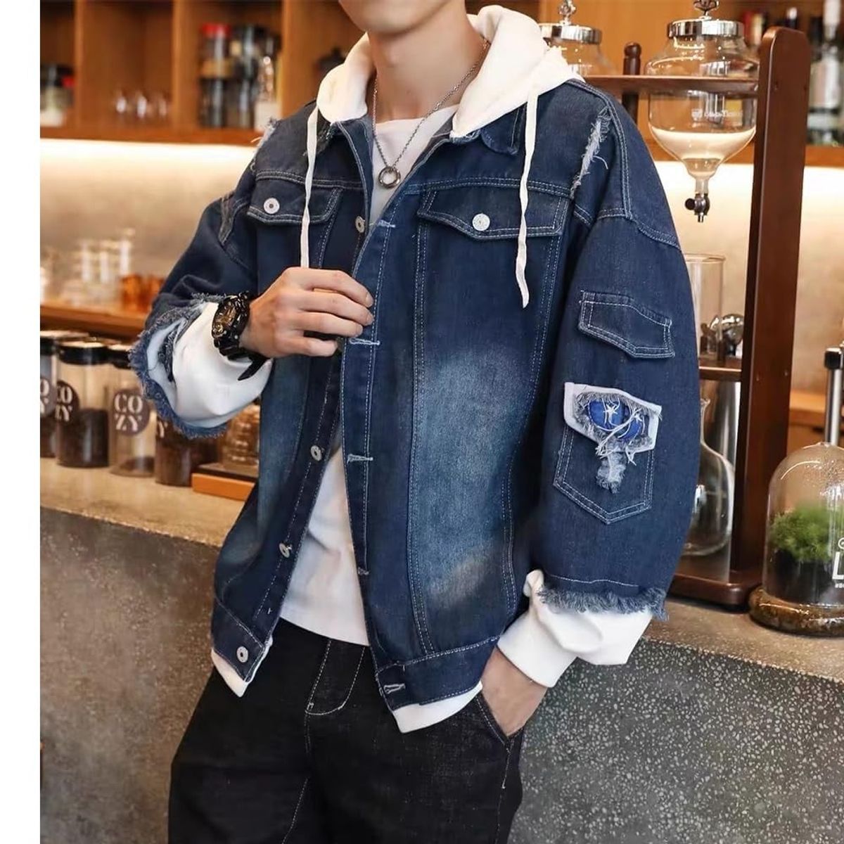 GENERICO - Casacas jean con capucha juvenil para hombres