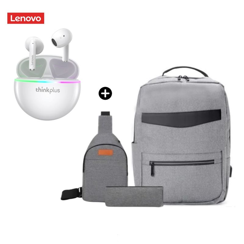 LENOVO - Audífono Lenovo Thinkplus XT97 Blanco + Mochila Pack 3en1 Antirrobo PortaLap Usb 4.0 Gris