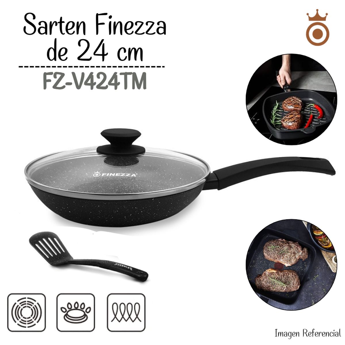 FINEZZA - Sarten Finezza Ultragranito de 24 cm con Tapa 3 Piezas FZ-V424TM