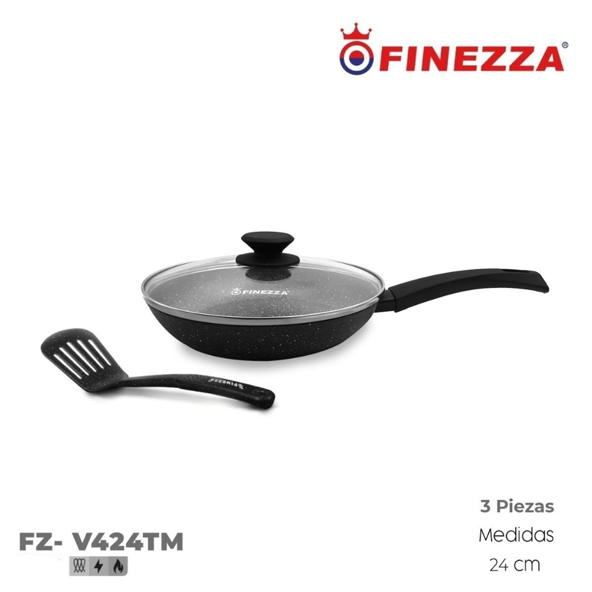 FINEZZA - Sarten Finezza Ultragranito de 24 cm con Tapa 3 Piezas FZ-V424TM