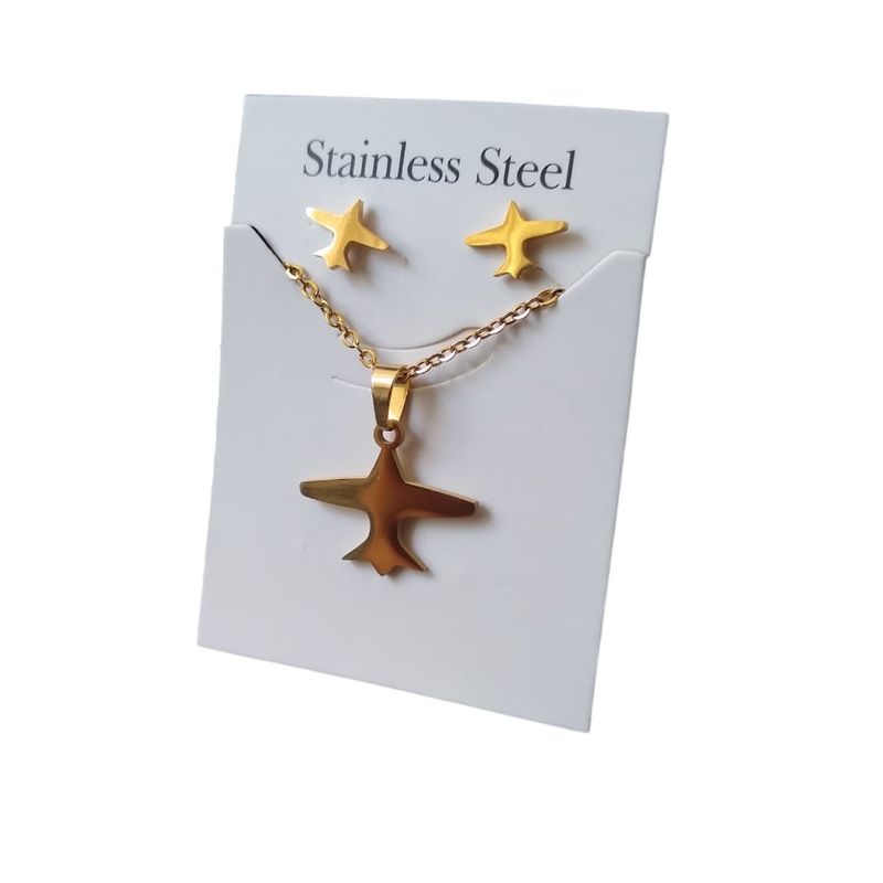 GENERICO - Set collar y aretes avión dorado viaje