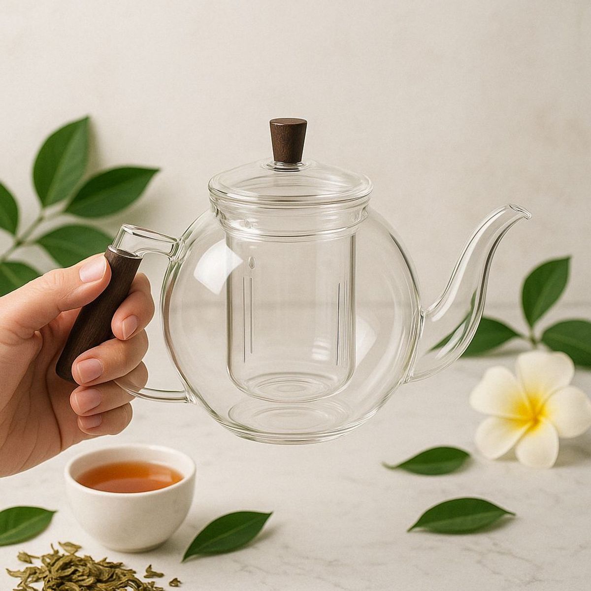 GENERICO - Tetera de vidrio con Infusor y Asa de Madera