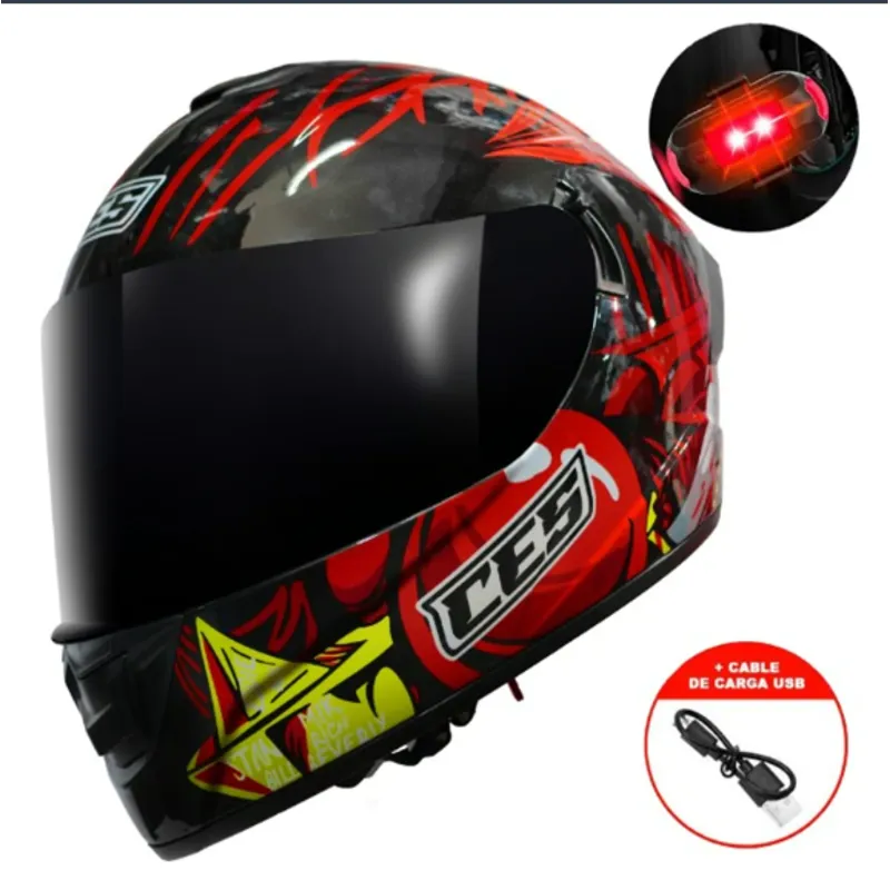 CES - CASCO MOTO DOBLE VISOR ROJO BRILLO CON LUZ LED - TALLA L