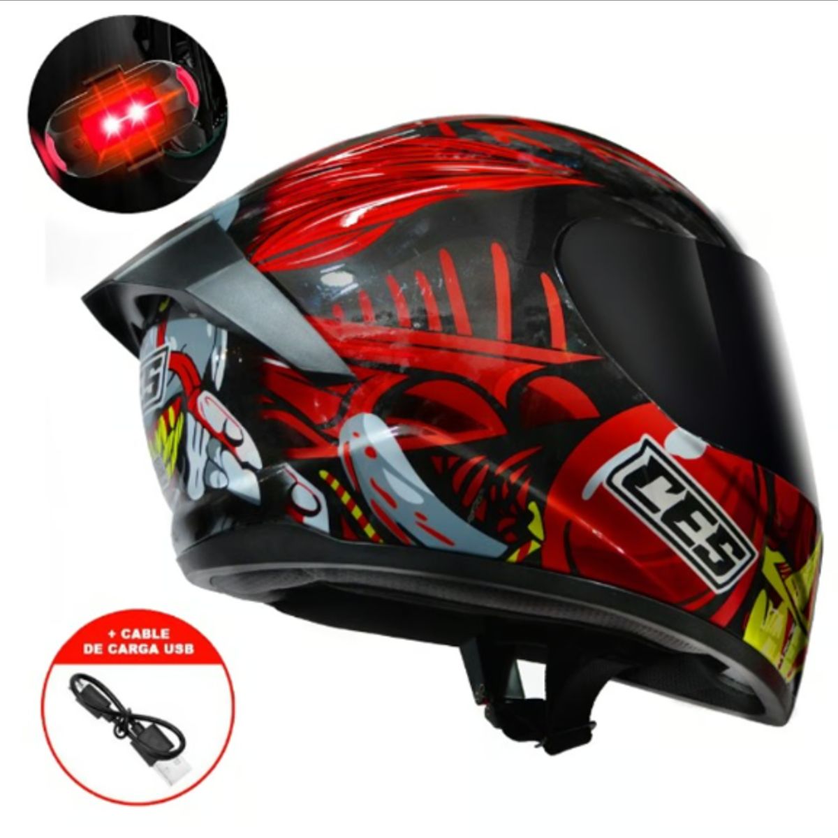 CES - CASCO MOTO DOBLE VISOR ROJO BRILLO CON LUZ LED - TALLA XL