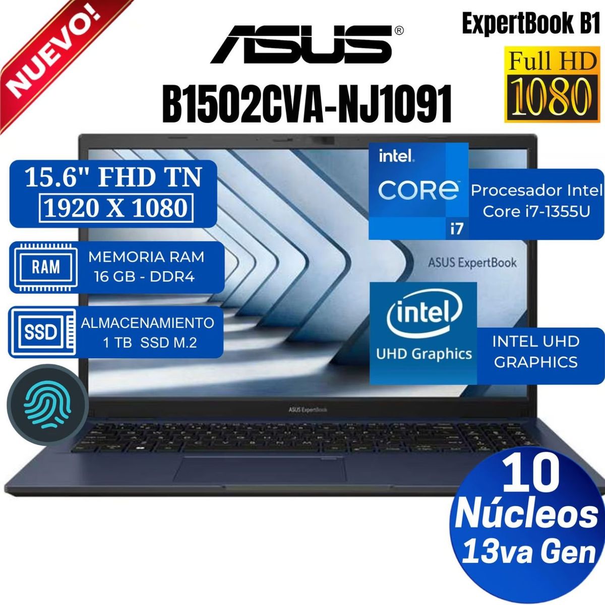 ASUS - Laptop Asus ExpertBook B1502CVA-NJ1091 Intel Core i7-1355U 16GB RAM 1TB SSD 15.6 FHD Star Black