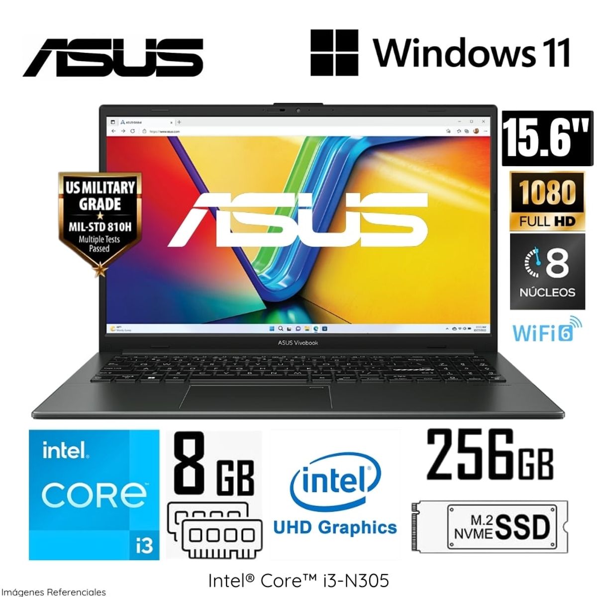 ASUS - Laptop Asus VivaBook Go 15 E1504GA-NJ006W Intel Core i3-N305 8GB RAM 256GB 15.6"  FHD Windows 11 Home