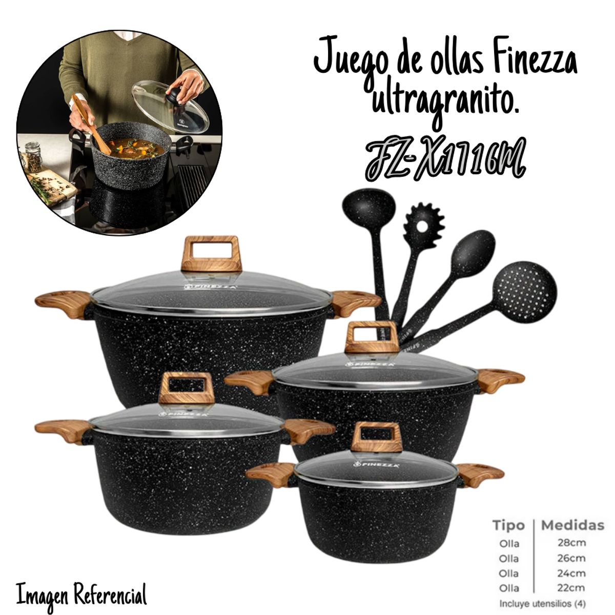 FINEZZA - Juego de Ollas Finezza Antiadherente de 12 Piezas Ultra Granito