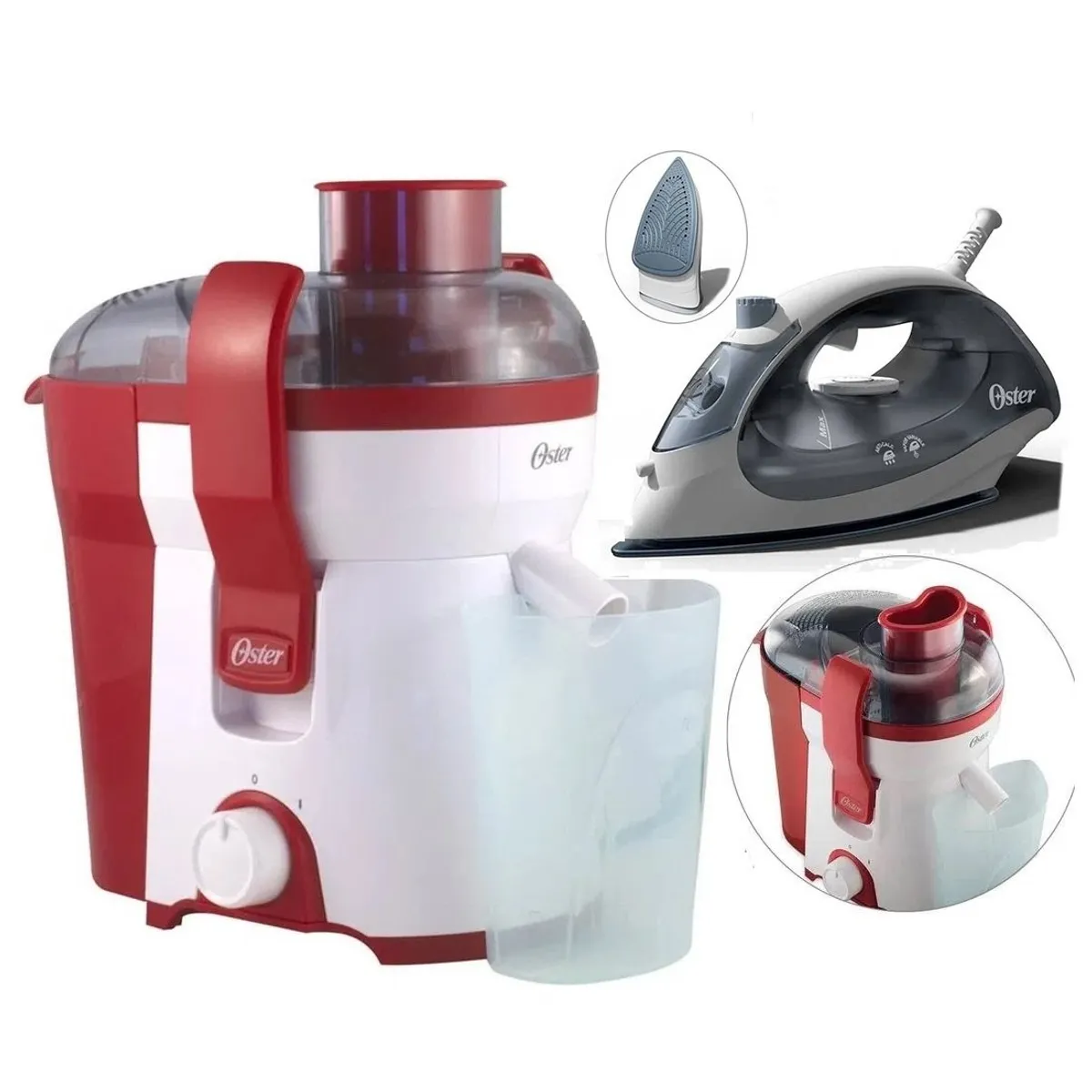OSTER - Combo Plancha Compact Azul Niebla Oster y Extractor de jugos 400W Rojo
