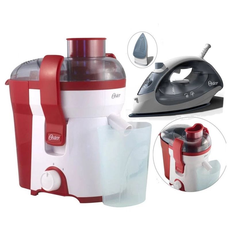 OSTER - Combo Plancha Compact Azul Niebla Oster y Extractor de jugos 400W Rojo