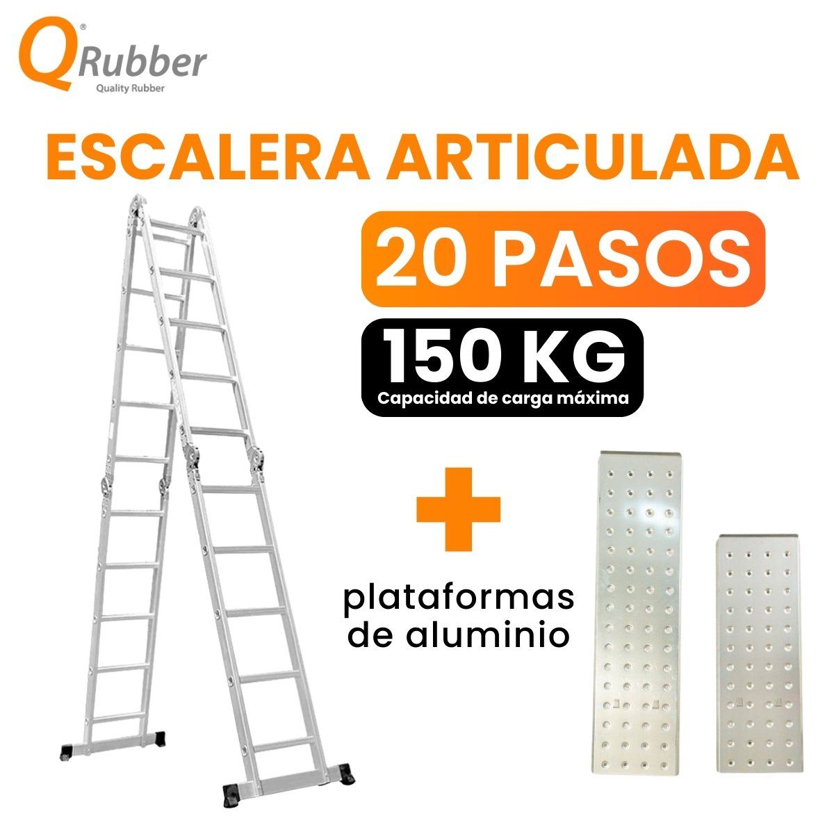 QRUBBER - Escalera multiposición articulada aluminio 20 peldaños 5.7 M + Plataformas  QRubber