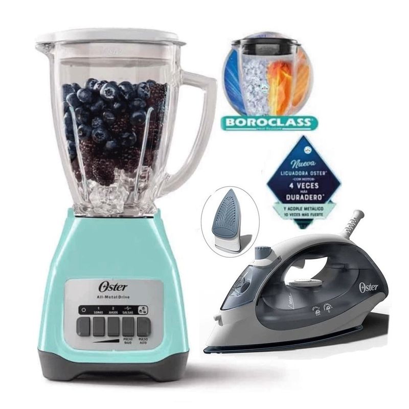 OSTER - Combo Plancha Compacta Oster y Licuadora de 2V con Pulsador Jade