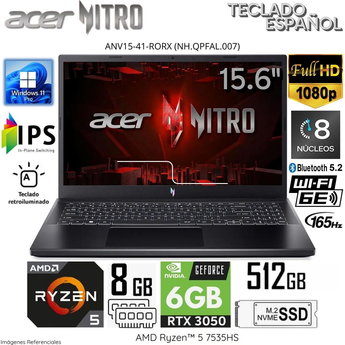 ACER - Laptop Acer Nitro V15 ANV15-41-RORX AMD Ryzen5-7535HS 8GB RAM 512GB SSD 15.6" FHD RTX3050-6GB WIN 11