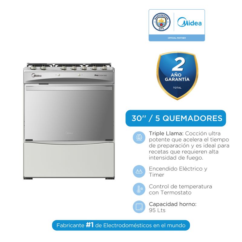 MIDEA - Cocina a Gas Midea MGS30FS2LBBMSS Procook 30’’ 5 Quemadores Acero Inox