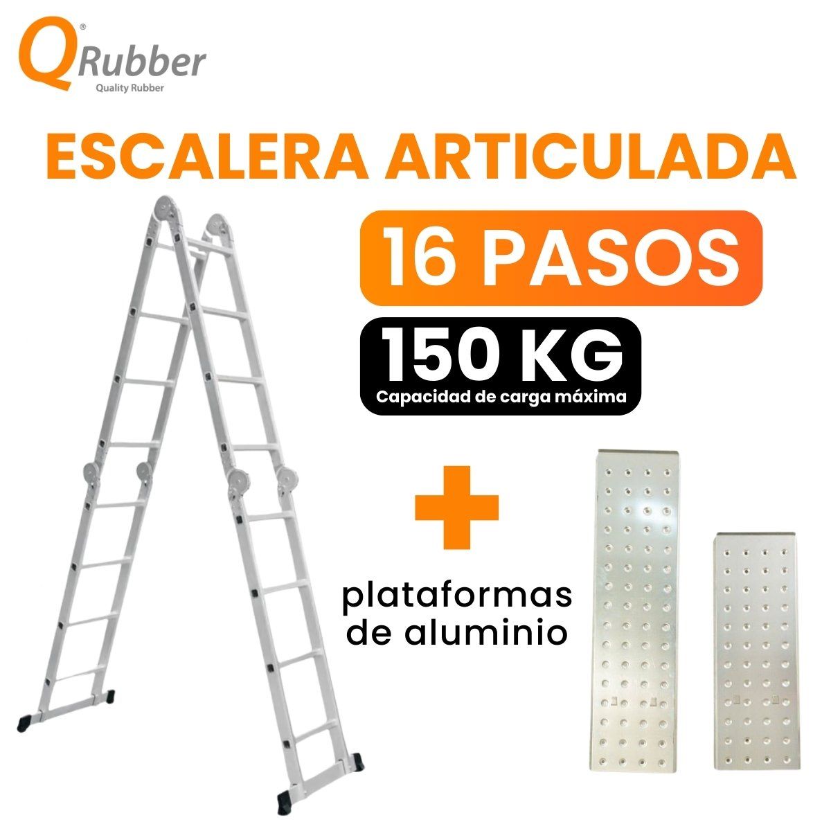 QRUBBER - Escalera multiposición articulada aluminio 16 peldaños 4.6 M + Plataformas QRubber