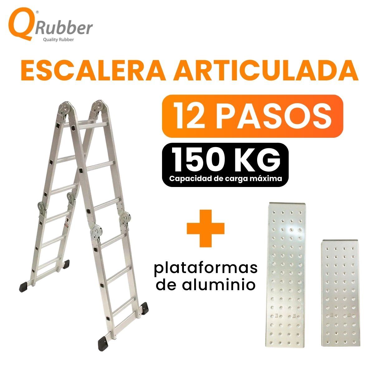 QRUBBER - Escalera multiposición articulada aluminio 12 peldaños 3.5 M + Plataformas QRubber
