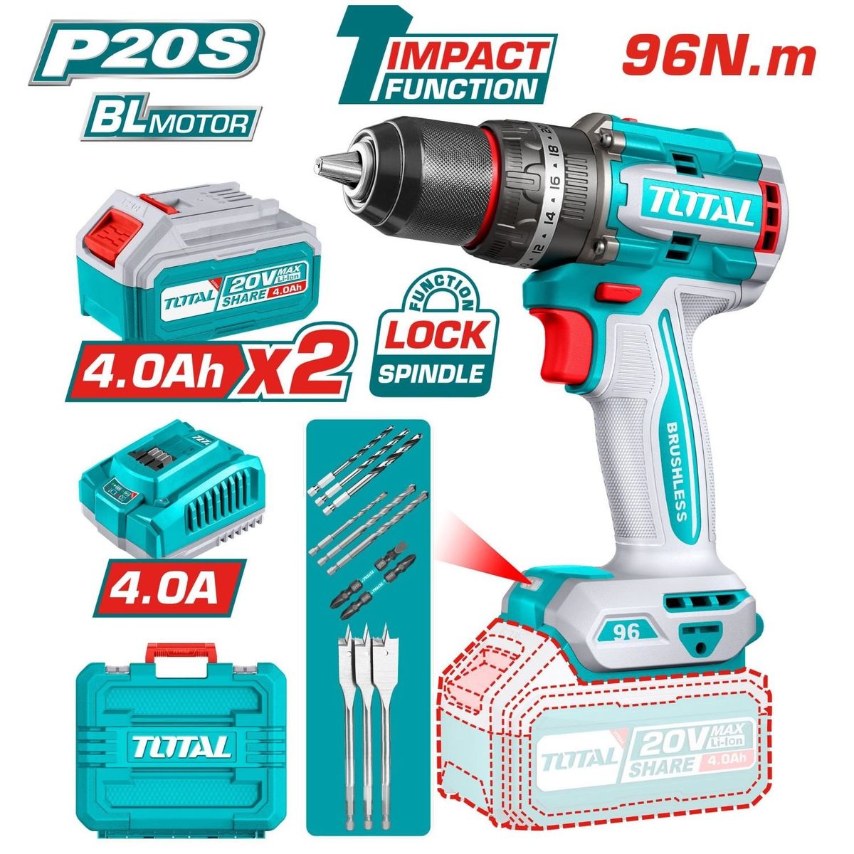 TOTAL TOOLS - Taladro Atornillador Percutor Brushless 96Nm 20v- TIDLI20968
