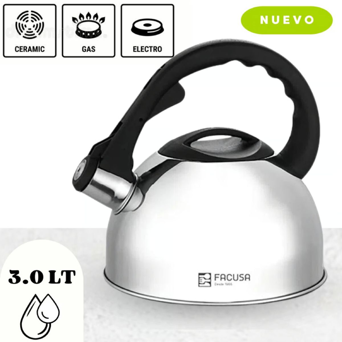 FACUSA - Tetera Elegante de Acero Inoxidable con Silbador 3LT