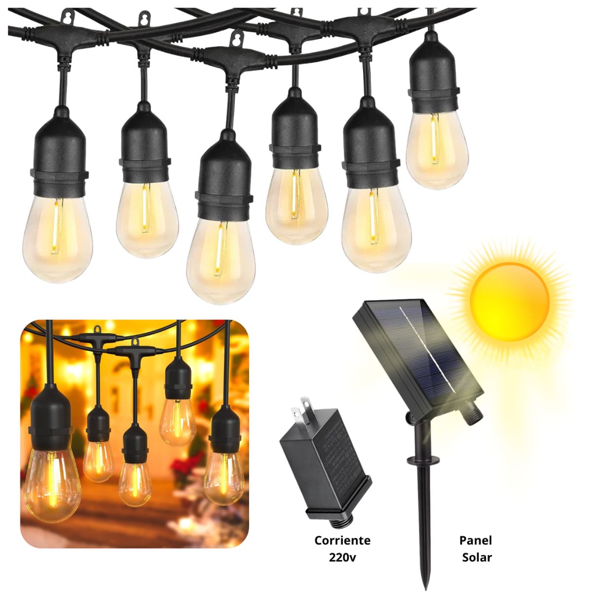 SEISA - Luces Guirnalda Corriente 220v Panel Solar para Terrazas Jardin