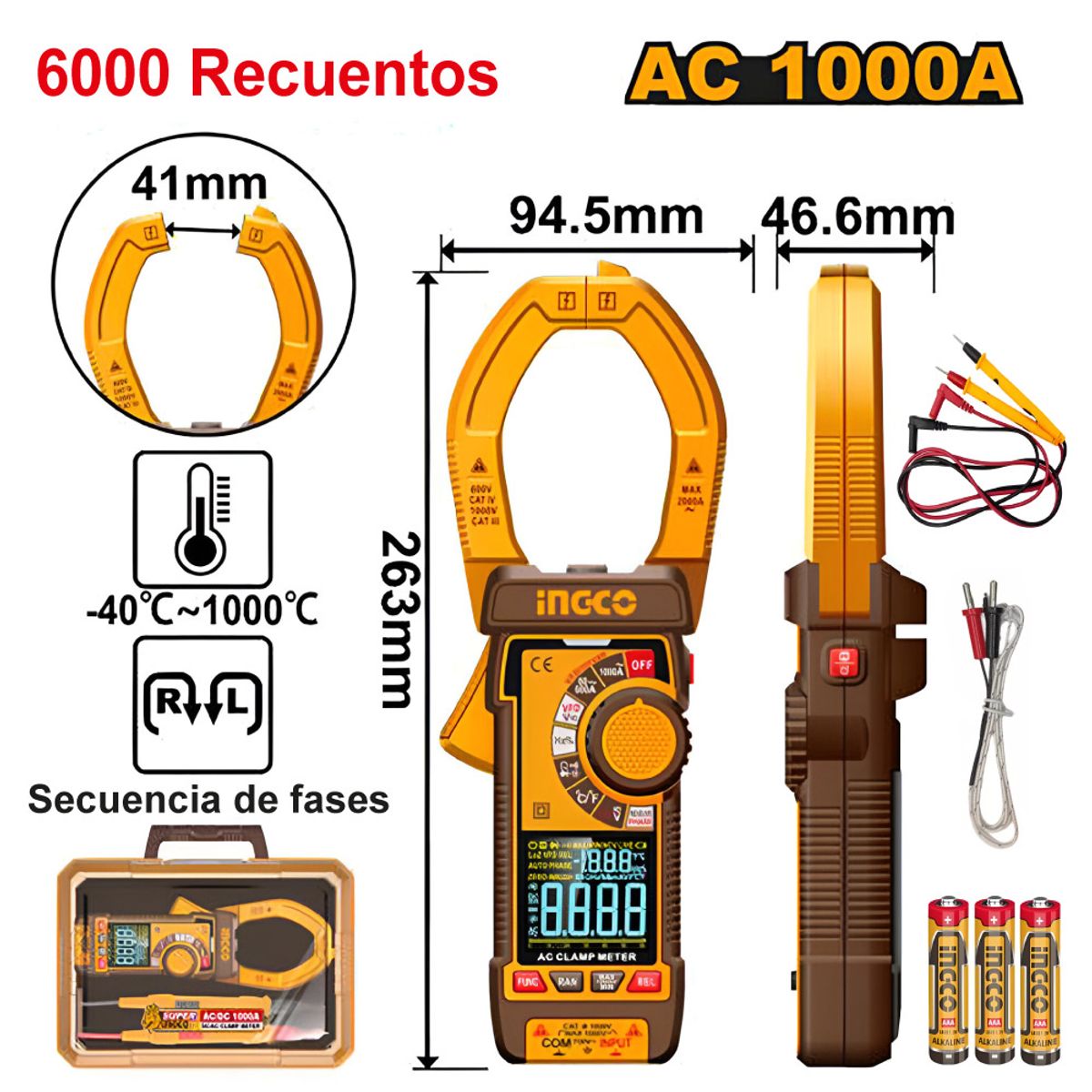 INGCO TOOLS - PINZA AMPERIMÉTRICA DIGITAL INGCO AC 1000A 6000 RECUENTOS DCM610001
