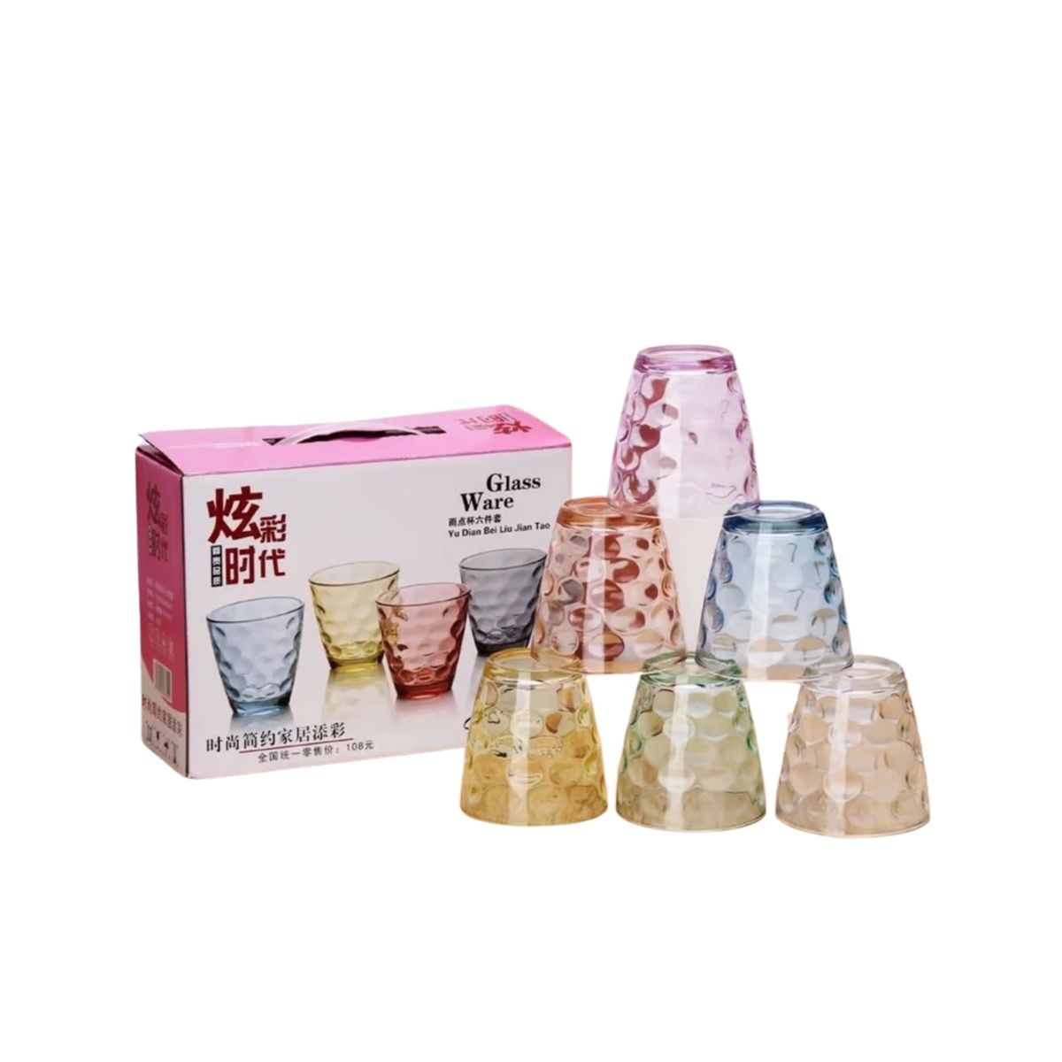 GENERICO - SET DE 6 VASOS DE VIDRIO MULTICOLOR