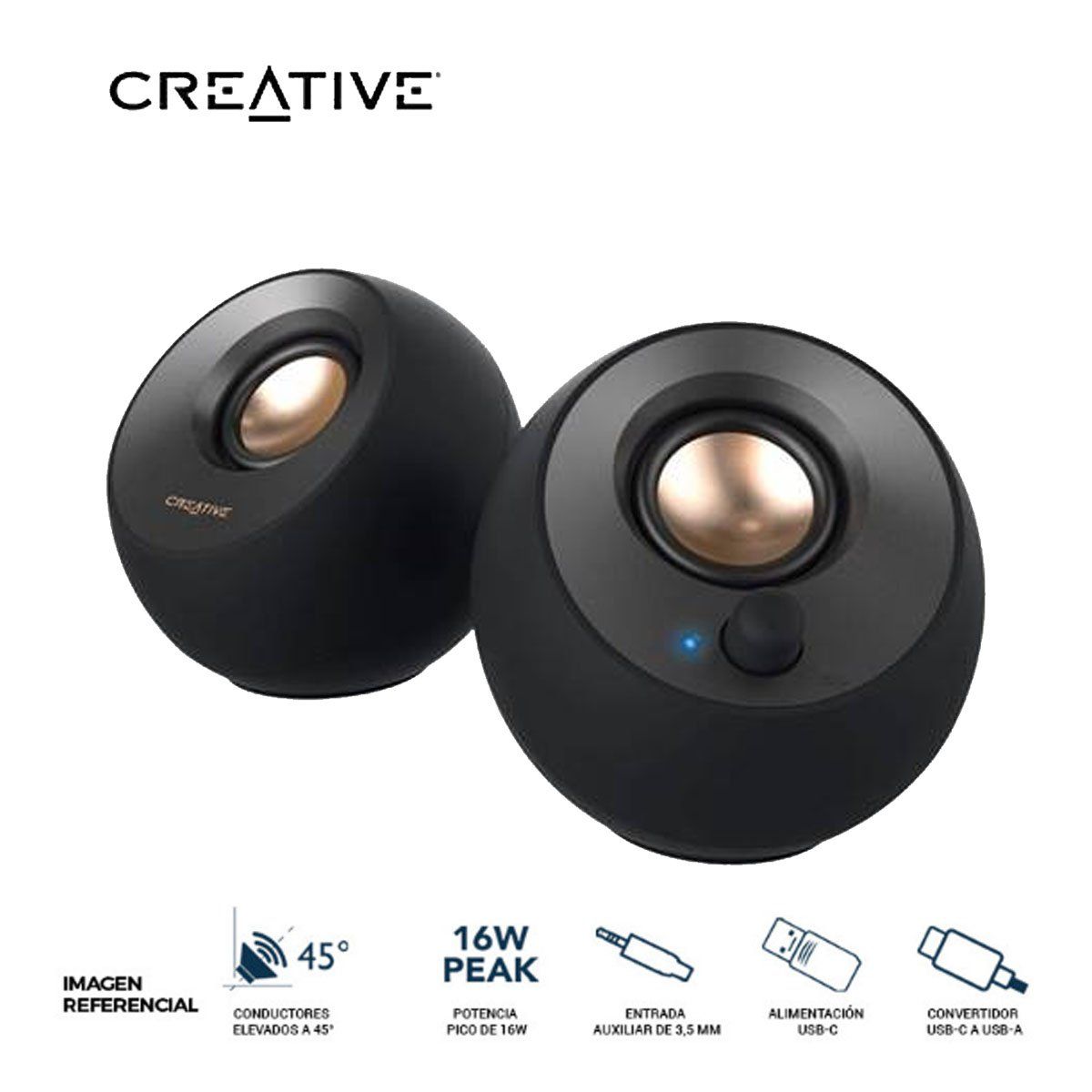 CREATIVE - Parlante Creative Pebble V2 2.0 8w/16w 3.5mm Usb-C-Power Black