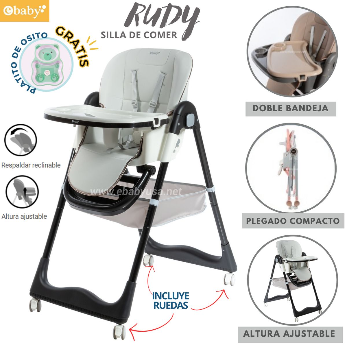 EBABY - Silla de comer Plegable Rudy Blanco