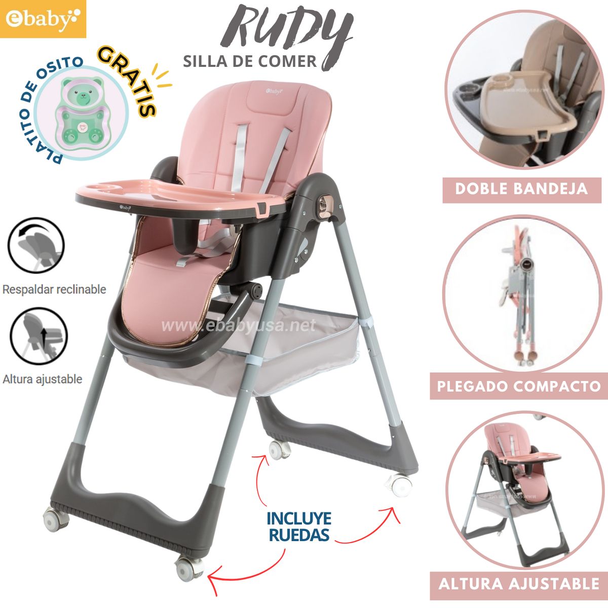 EBABY - Silla de comer Plegable con altura ajustable Rudy Rosado