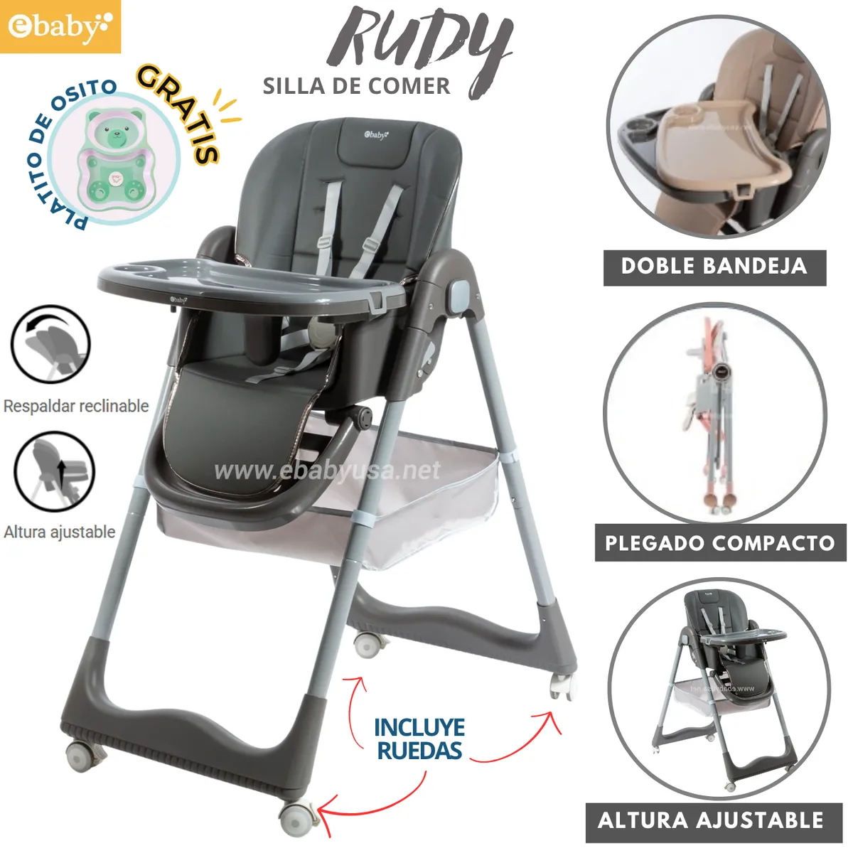 EBABY - Silla de comer Plegable con altura ajustable Rudy Plomo