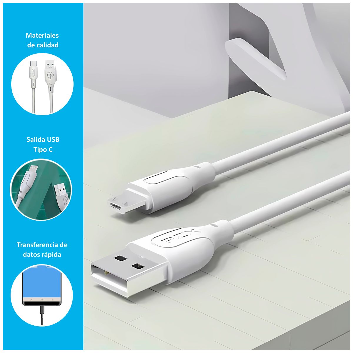 GENERICO - Cable Carga Rápida x5 de 66W con Entrada USB-C de 1m Blanco