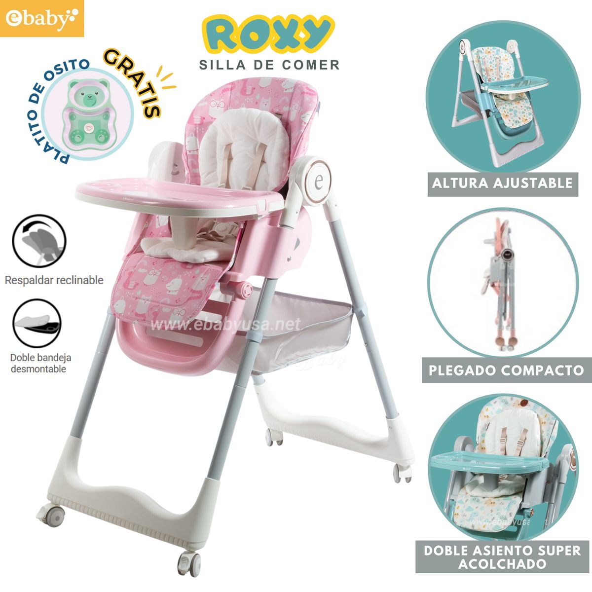 EBABY - Silla de comer Plegable extra acolchado Roxy Rosado