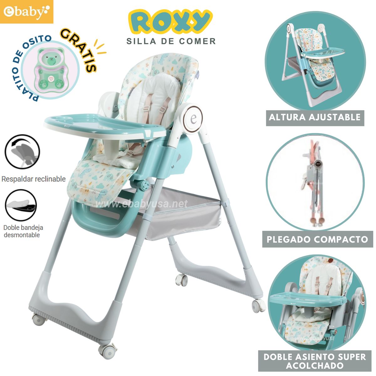 EBABY - Silla de comer Plegable extra acolchado Roxy Verde