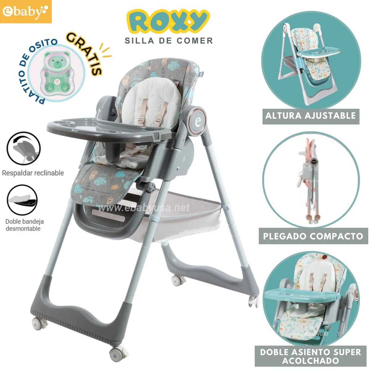 EBABY - Silla de comer Plegable doble asiento Roxy Gris