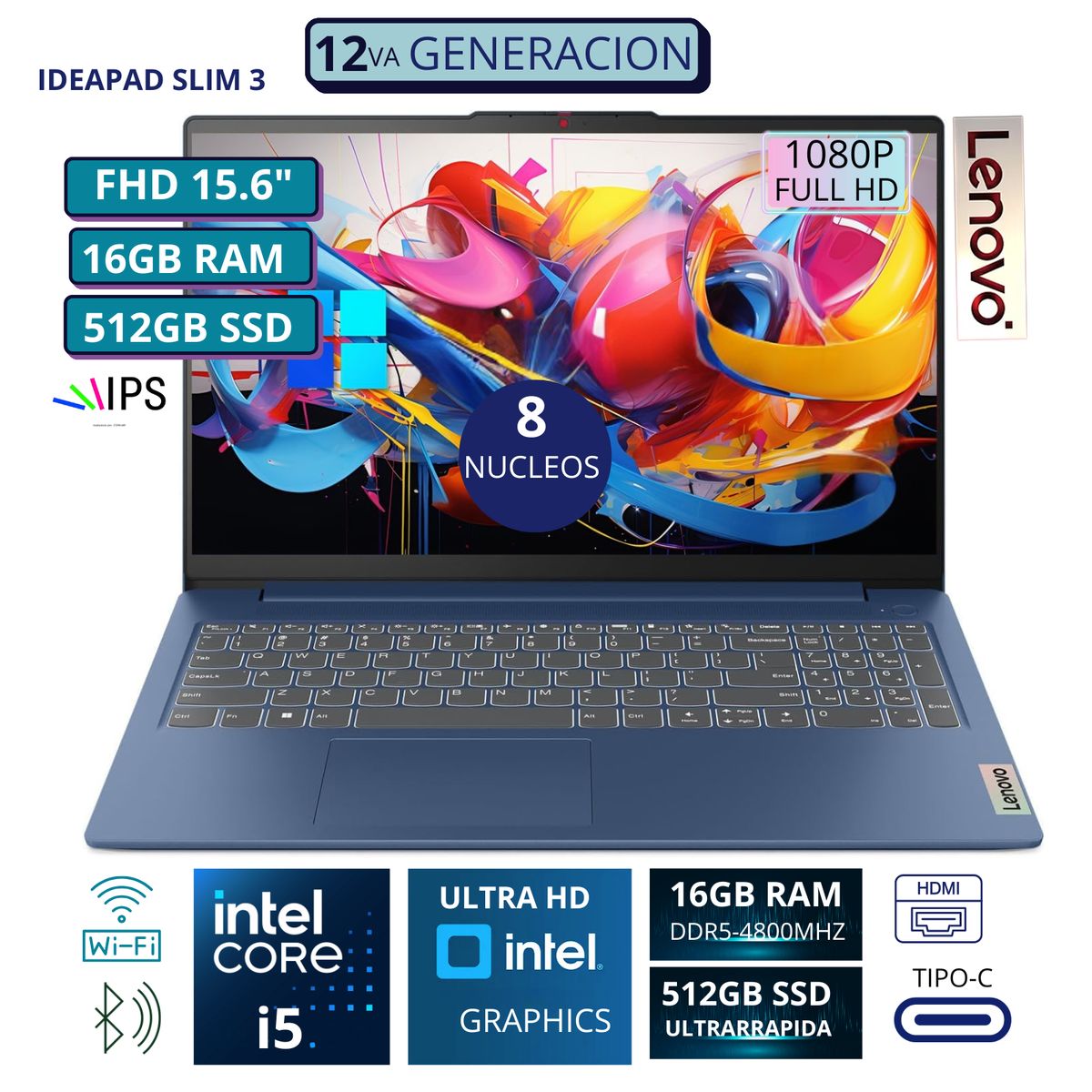 LENOVO - Laptop Lenovo IdeaPad Slim 3 15.6" FHD TN, Core i5-12450H, 12va Gen, Ram 16GB, SSD 512GB windows