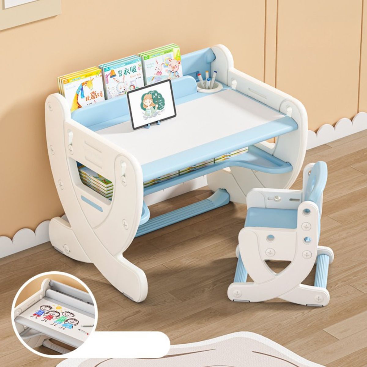 GENERICO - Escritorio montessori altura regulable con pizarra acrílica azul infantil