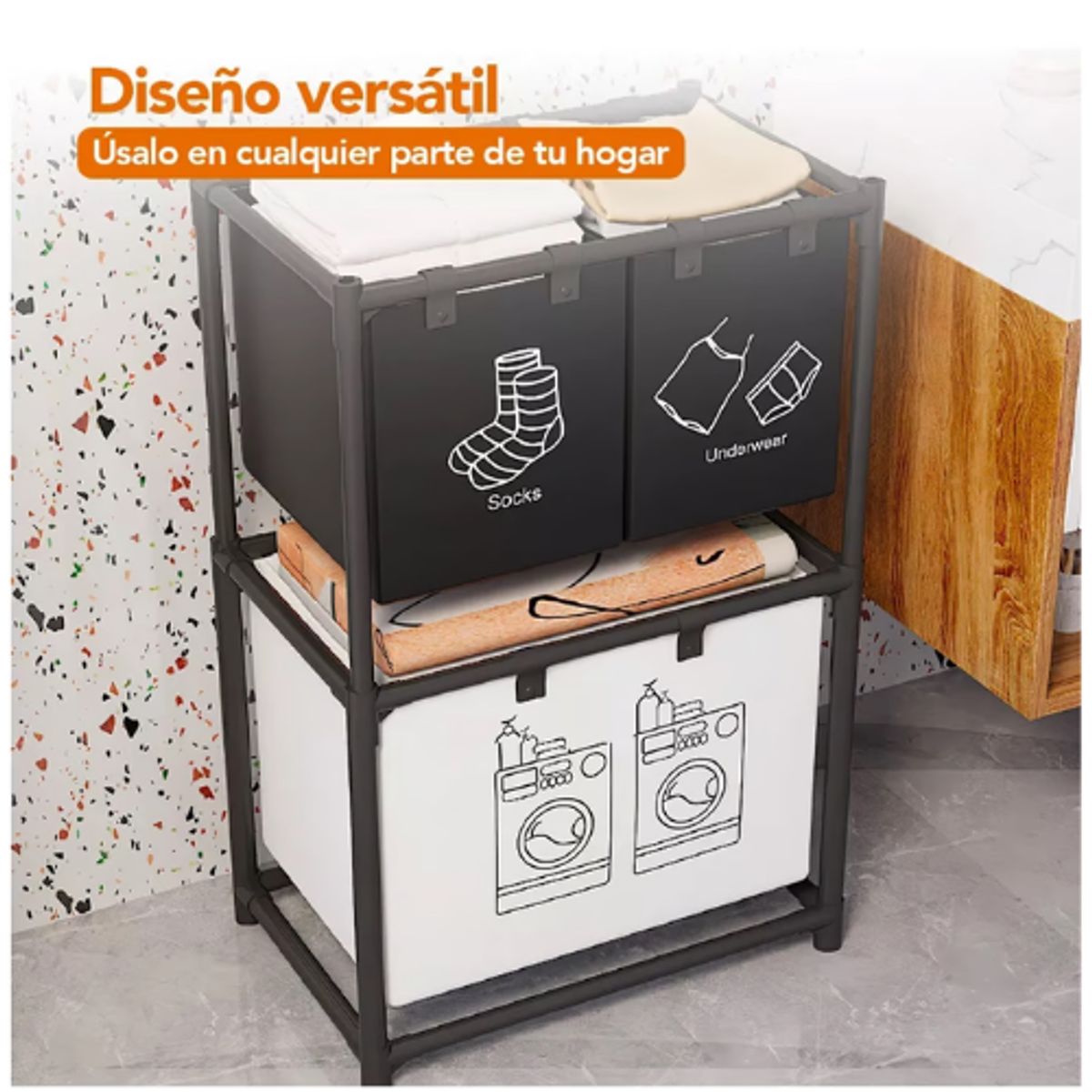 INSPIRA MARKET - Cesto Organizador de Ropa para Lavandería de 2 Niveles Negro