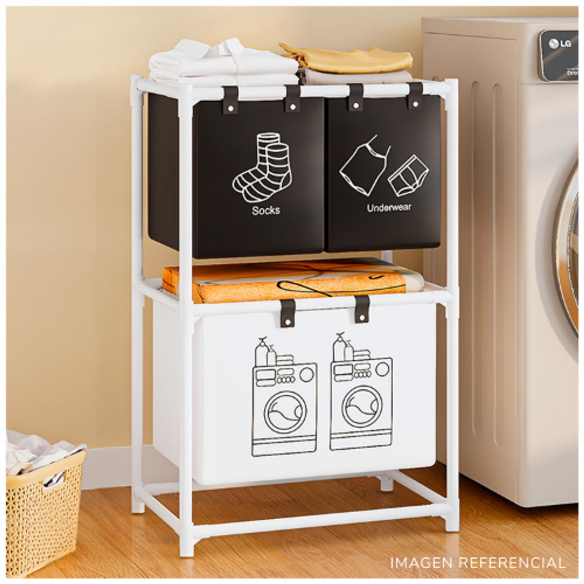 INSPIRA MARKET - Cesto Organizador de Ropa para Lavandería de 2 Niveles Blanco