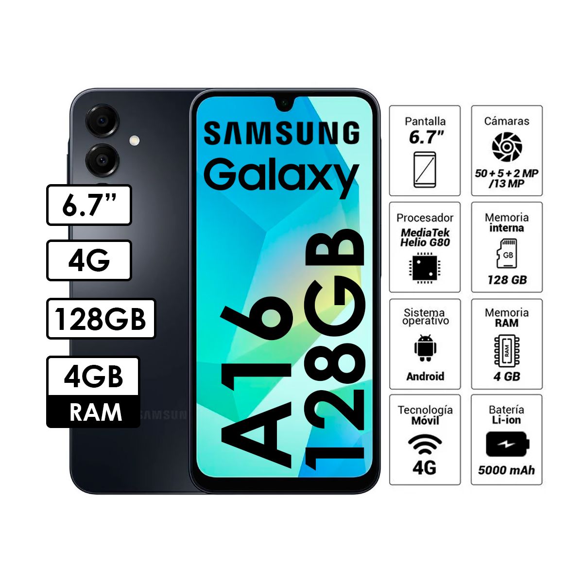 SAMSUNG - Celular Samsung Galaxy A16 4GB RAM 128GB Negro