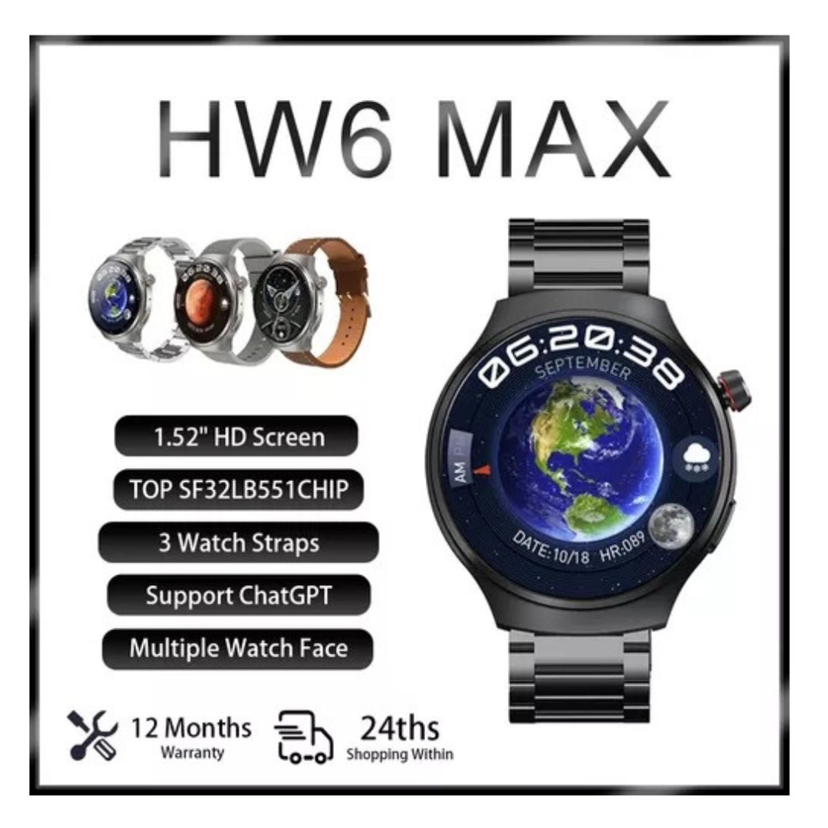 GENERICO - SMARTWATCH  HW6 MAX, AMOLED, VIENE 3 CORREAS DE METAL-CUERO-SILICONA