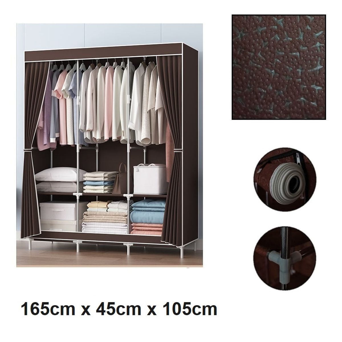 GENERICO - ropero de tela 3 cuerpos 165cm x 45cm x 105cm marron