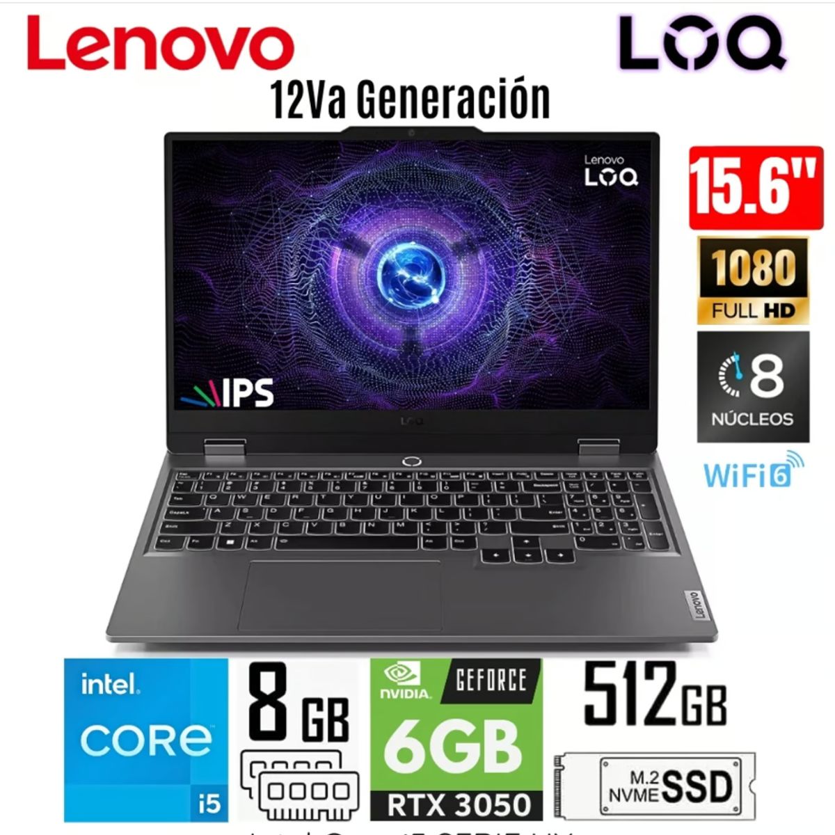 LAPTOP LENOVO LOQ 15IAX9 INTEL CORE I5 12TH 8GB 512GB 156 FHD 144HZ RTX3050 6GB, marca LENOVO - Foto Principal