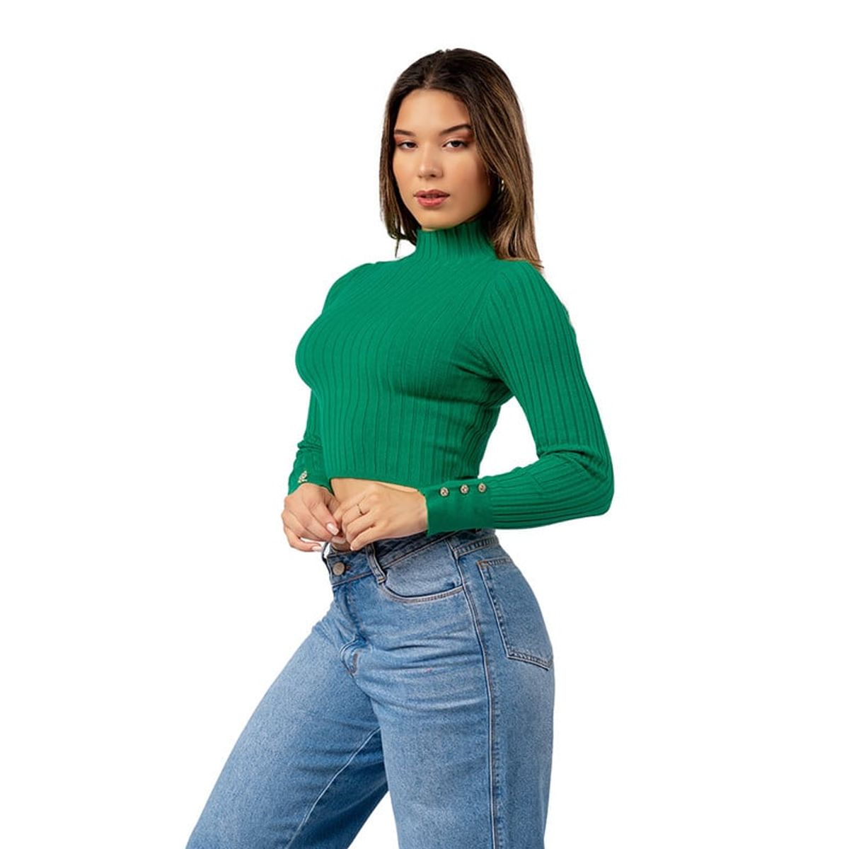 INDEMA - Chompa Crop Cuello Alto de Cashemira Color Verde